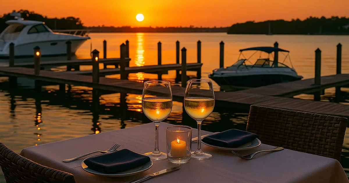 Waterfront dining table with wine glasses overlooking boats at sunset in Naples Florida