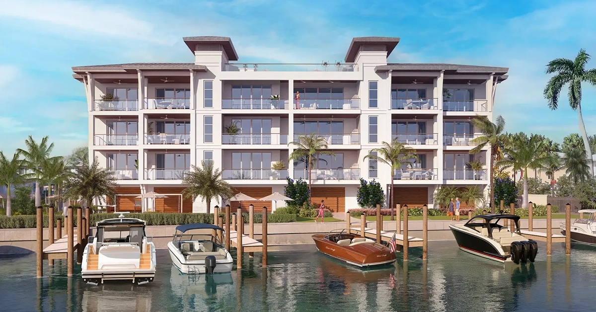 Luxury waterfront condominium with private docks and boats in Naples Florida