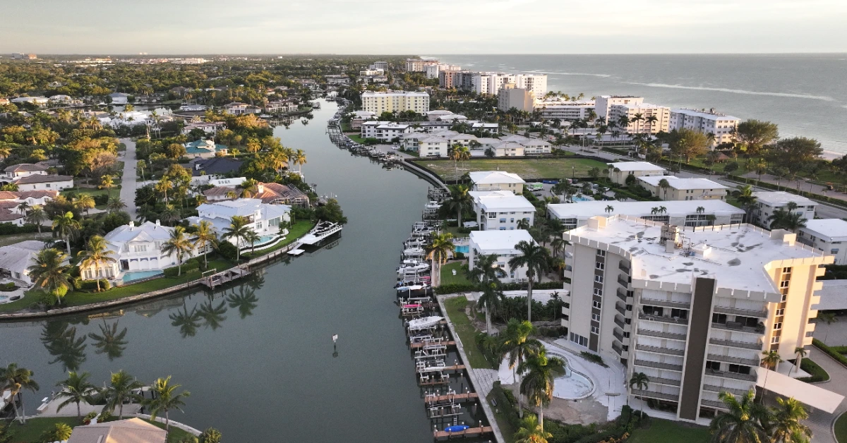 aerial of Naples Waterfront area