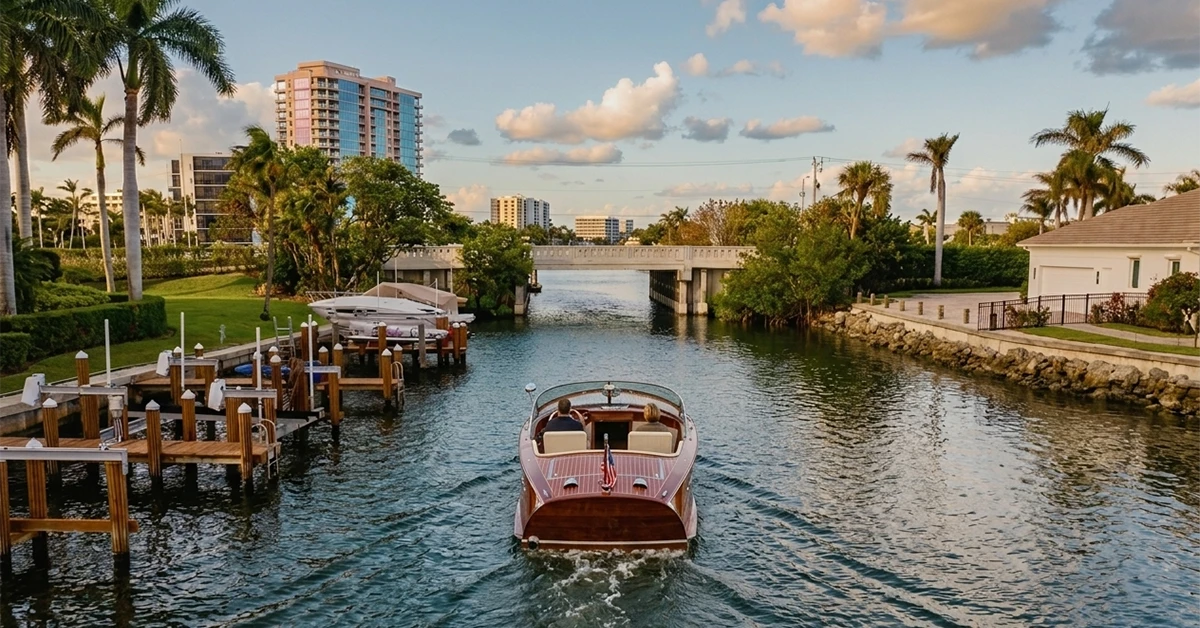 Boat cruising canal with palm trees and waterfront homes